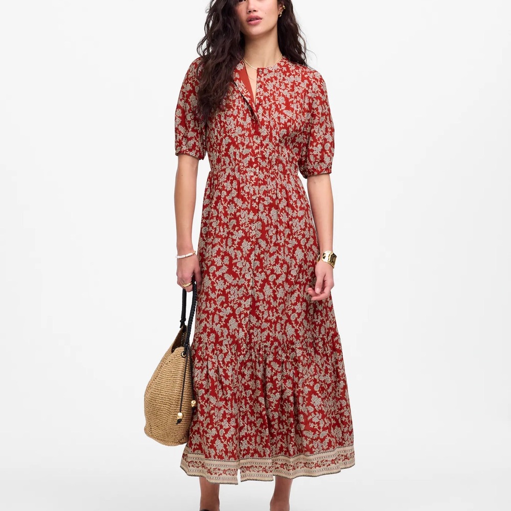 Madewell Pintucked Puff-Sleeve Midi Dress
